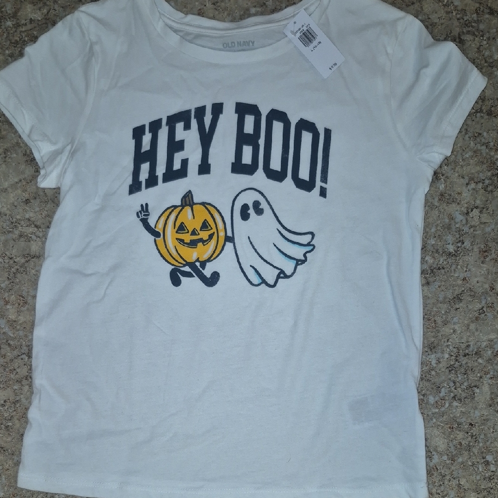 Old Navy White Halloween Tee with Orange & Black Pumpkin Graphic